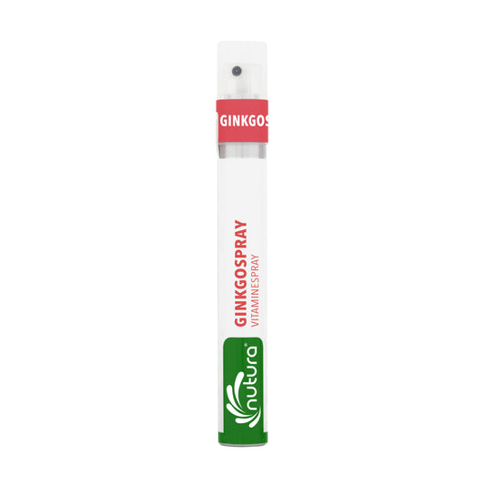 Nutura Vitaminesprays Ginkgo vitaminespray bottle, herbal supplement in 14.4ml container, natural herbal remedy for wellness.