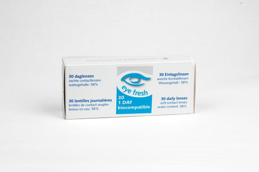 Eyefresh Daglenzen -7.50 contact lenses in a box, optiek brand, with 30 lenses visible in the image.