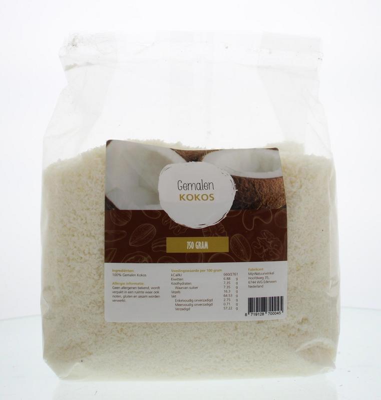 MijnNatuurwinkel gemalen kokos in 750g package, a natural shredded coconut product for cooking and baking.