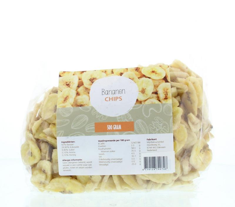 MijnNatuurwinkel bananen chips in a 500g bag, showcasing crispy banana slices, part of the fruit and snack selection.