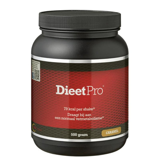 Dieet Pro Caramel Kruidenpreparaten in 500g package, showing a close-up of the caramel-flavored herbal supplement.