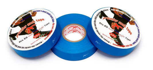Premier Kousentape sky blauw, 33m x 19mm, for socks and pantyhose, shown in vibrant sky blue color on the product image.