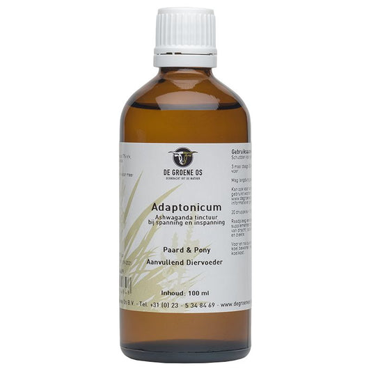 Groene Os Adaptonicum paard/pony voedingssupplement in 100ml bottle, designed for horse and pony digestive support.