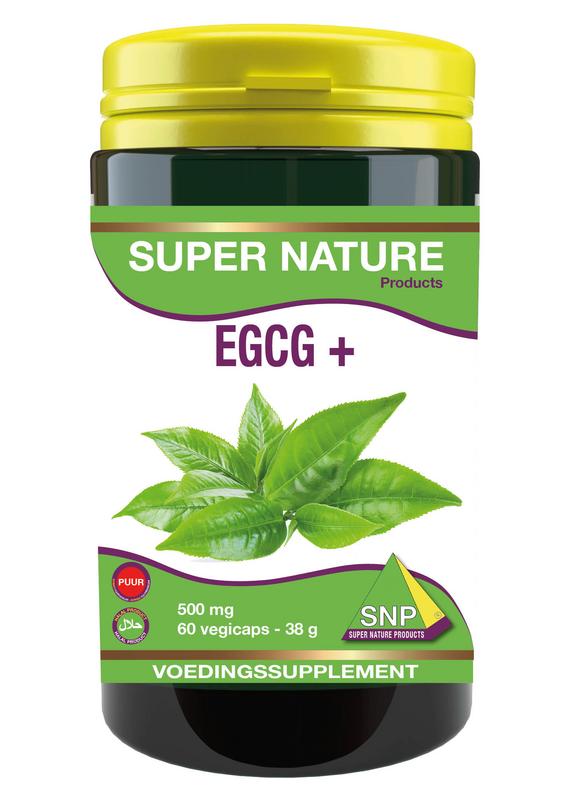 SNP EGCG+ puur vegetarian capsules in a bottle, herbal supplement packaging with green and white design elements.