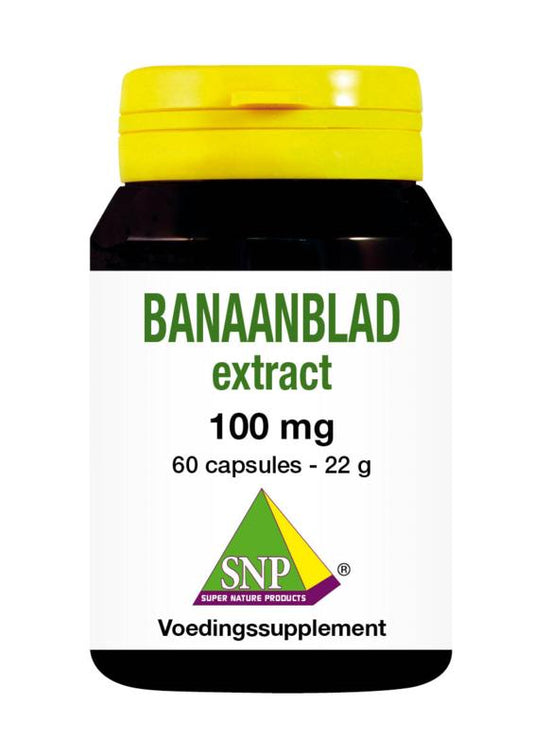 SNP Banaanblad extract capsules, herbal supplement with 60 capsules, showing the product bottle and label.