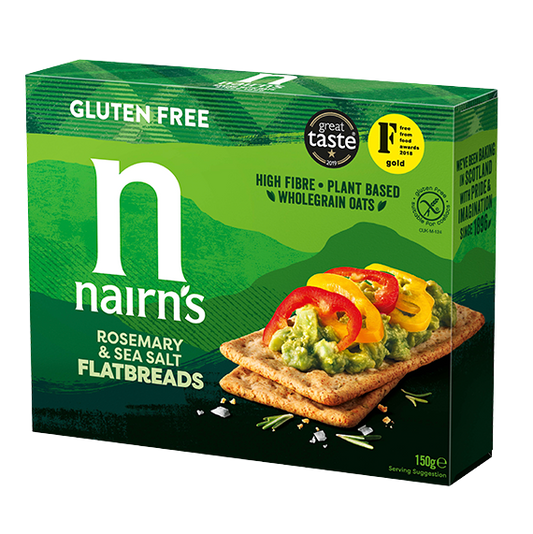 Nairns rosemary and sea salt flatbread crackers, 150g, crispy gluten-free bread snack with herbs and sea salt flavor.