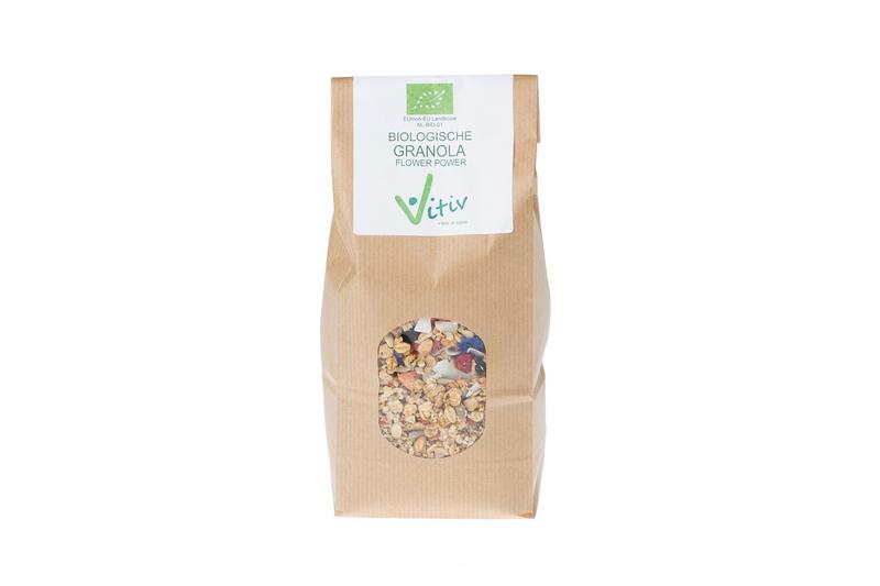 Vitiv Granola Flower Power bio breakfast cereal in a 500g package, showing the colorful, natural granola with flower ingredients.