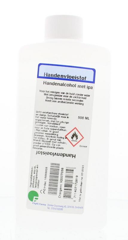 Orphi Handalcohol met IPA in a 500ml bottle, hand verzorging product with pump dispenser and clear label