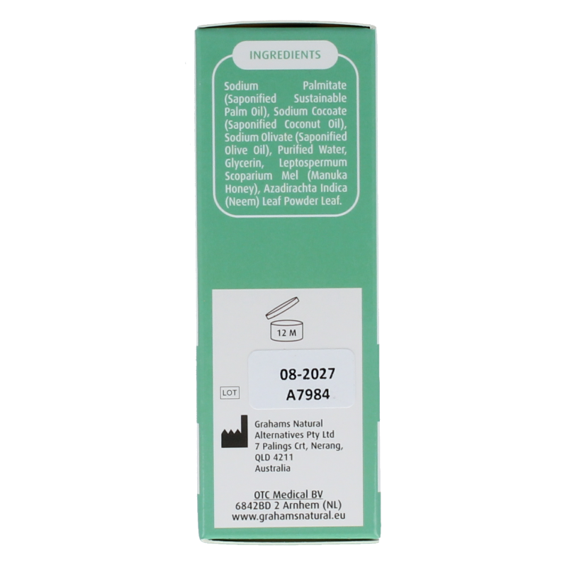 Grahams Soap 100g bar with creamy white texture, labeled with Grahams branding and product details on the packaging.