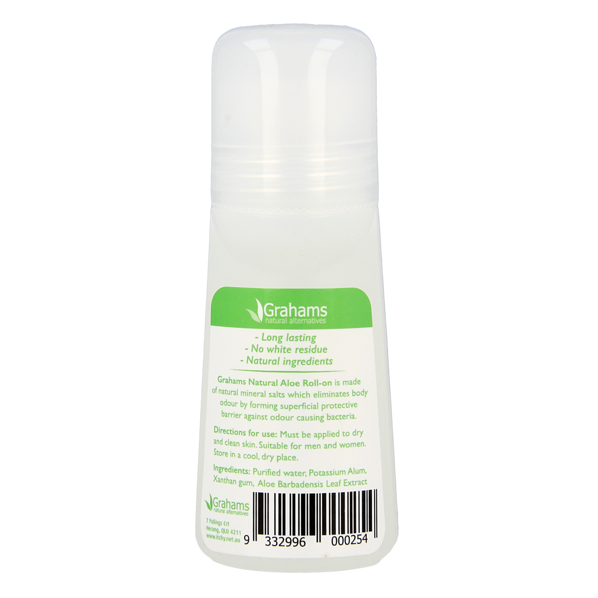 Grahams mineral aloe deodorant in 65ml container, featuring natural aloe vera for freshness and odor control.