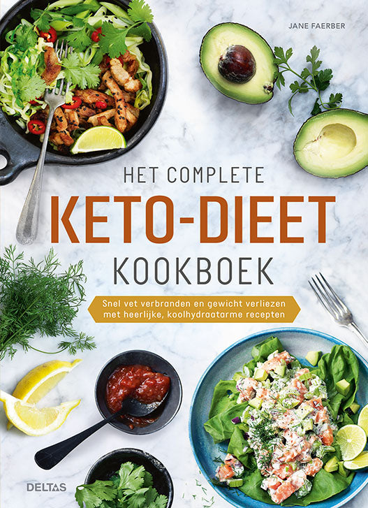 Deltas Het Complete Keto Dieet Kookboek 1, a paperback cookbook with colorful keto recipes and meal ideas.