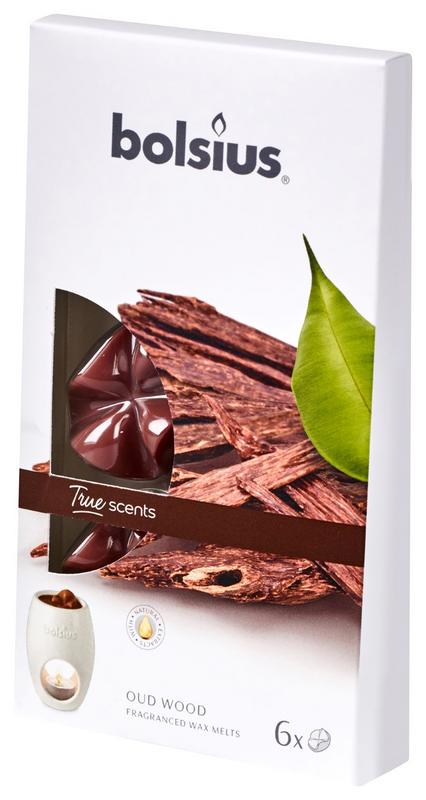 Bolsius True Scents wax melts in Old Wood scent, 6-pack, showcasing the wax melts with packaging and branding.
