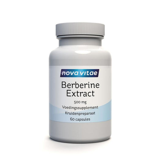 Nova Vitae Berberine 500mg herbal supplement capsules, 60 count, shown in a bottle with label and capsules visible.