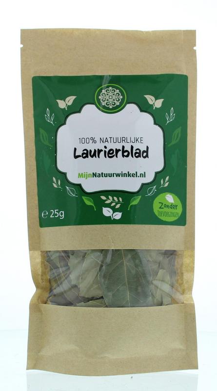 Dried Laurierblad (bay leaves) in a 25-gram package from MijnNatuurwinkel, ideal for herbs, spices, and cooking.