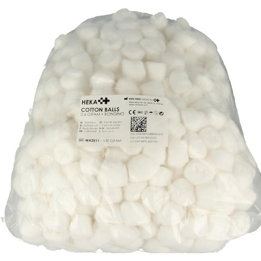 Heka Wattenbollen rondino, round cotton pads, 0.6g each, in a 500g package, soft and absorbent cotton for skincare.
