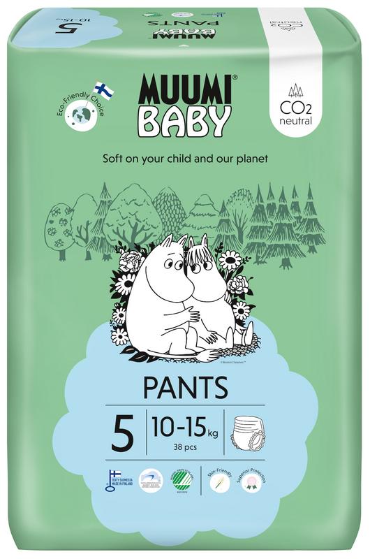 Muumi Baby disposable diaper pants for babies 10-15kg, pack of 38, in soft, comfortable material for active infants.