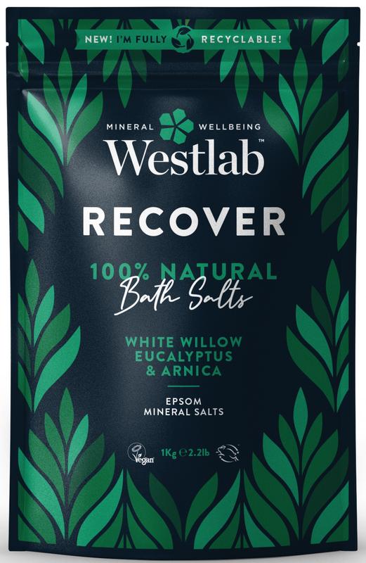 Westlab Badzout recover, 1kg container of bath and shower salt, showing the label and packaging for relaxation and mineral benefits.