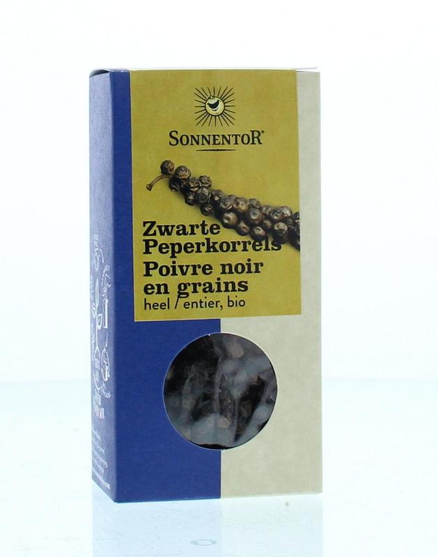 Sonnentor organic black peppercorns in a 55g package, fresh whole peppercorns for seasoning and cooking.