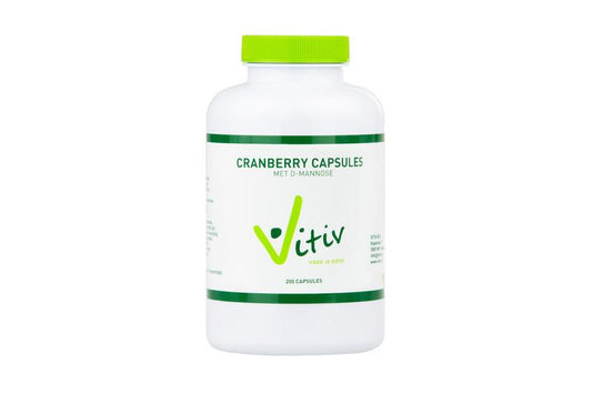Vitiv Cranberry D-Mannose herbal supplement capsules, 200 count, in a bottle with label showing cranberry imagery.