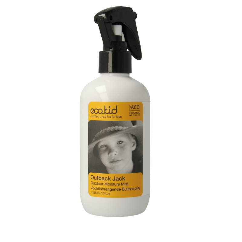 Ecokid Outback Jack outdoor 225ml insect repellent spray with steak and bite protection, shown in a 225ml bottle.