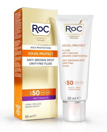 ROC Soleil Protect anti-brown spot fluid SPF50+ in 50ml bottle, designed for sun protection and skin brightening.