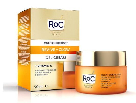 ROC Multi CorreXion Revive & Glow gel cream in 50ml jar, facial skincare product with a sleek white container and blue accents.