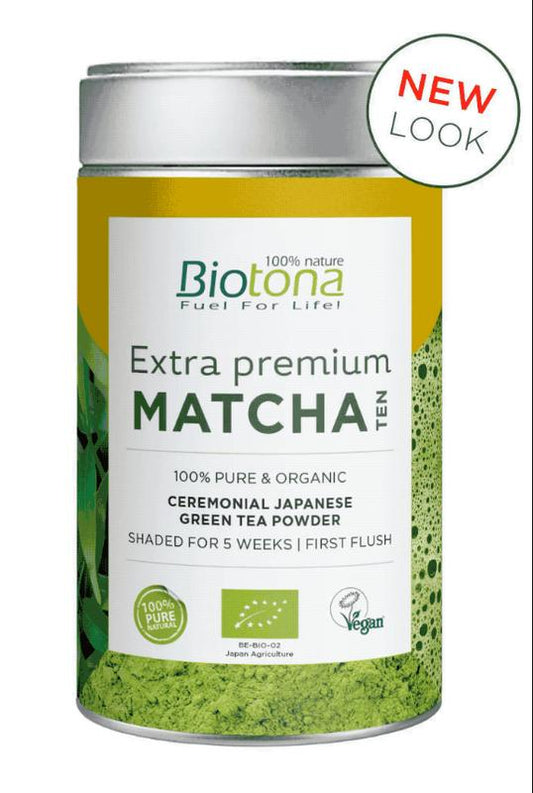 Biotona premium organic matcha tea powder in a jar, vibrant green, raw superfood, 80 grams, ideal for tea and smoothies.