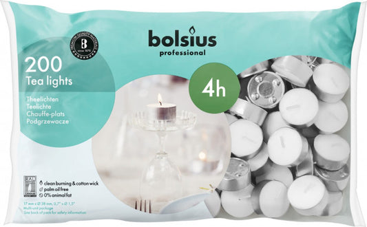 Set of Bolsius white tea light candles, 17/38 size, 200-piece pack, ideal for decoration and ambiance.