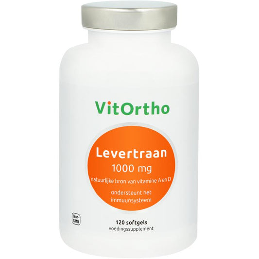 Vetzuren VitOrtho Levertraan 1000 mg softgels bottle, showing softgel capsules for omega-3 fatty acids supplement.