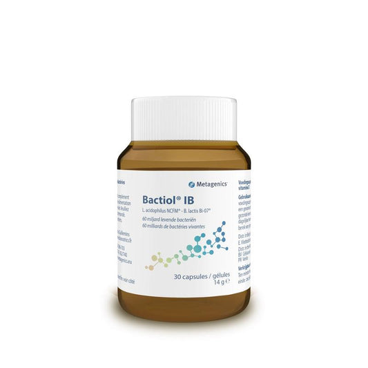 Metagenics Bactiol IB probiotic capsules containing micro-organisms, shown in a bottle with 30 capsules visible.