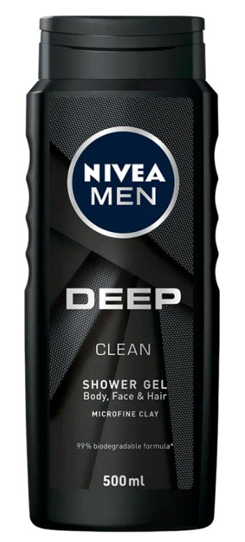 Nivea Men deep douchegel in a 500ml bottle, designed for cleansing the body and providing a refreshing shower experience.