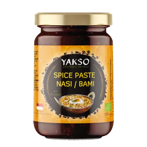 Yakso Nasi Bami Spice Paste, organic sauce for fried rice and noodles, 100g jar with colorful ingredients visible