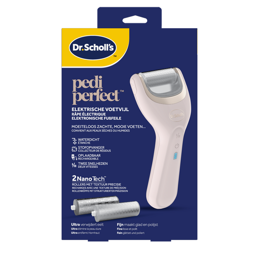 Dr. Scholl's Pedi Perfect elektrische voetvijl with Nano Tech, a handheld foot care device for smooth, polished feet.