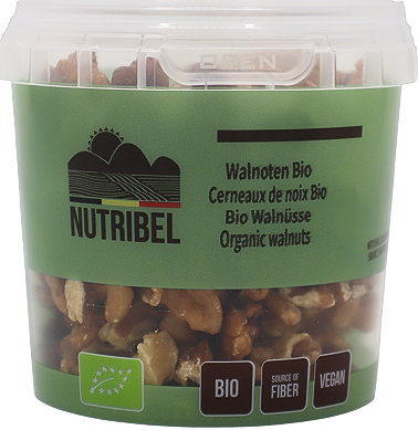 Raw organic walnuts from Nutribel, 125 grams package, with a close-up of shelled walnuts and fresh natural appearance.