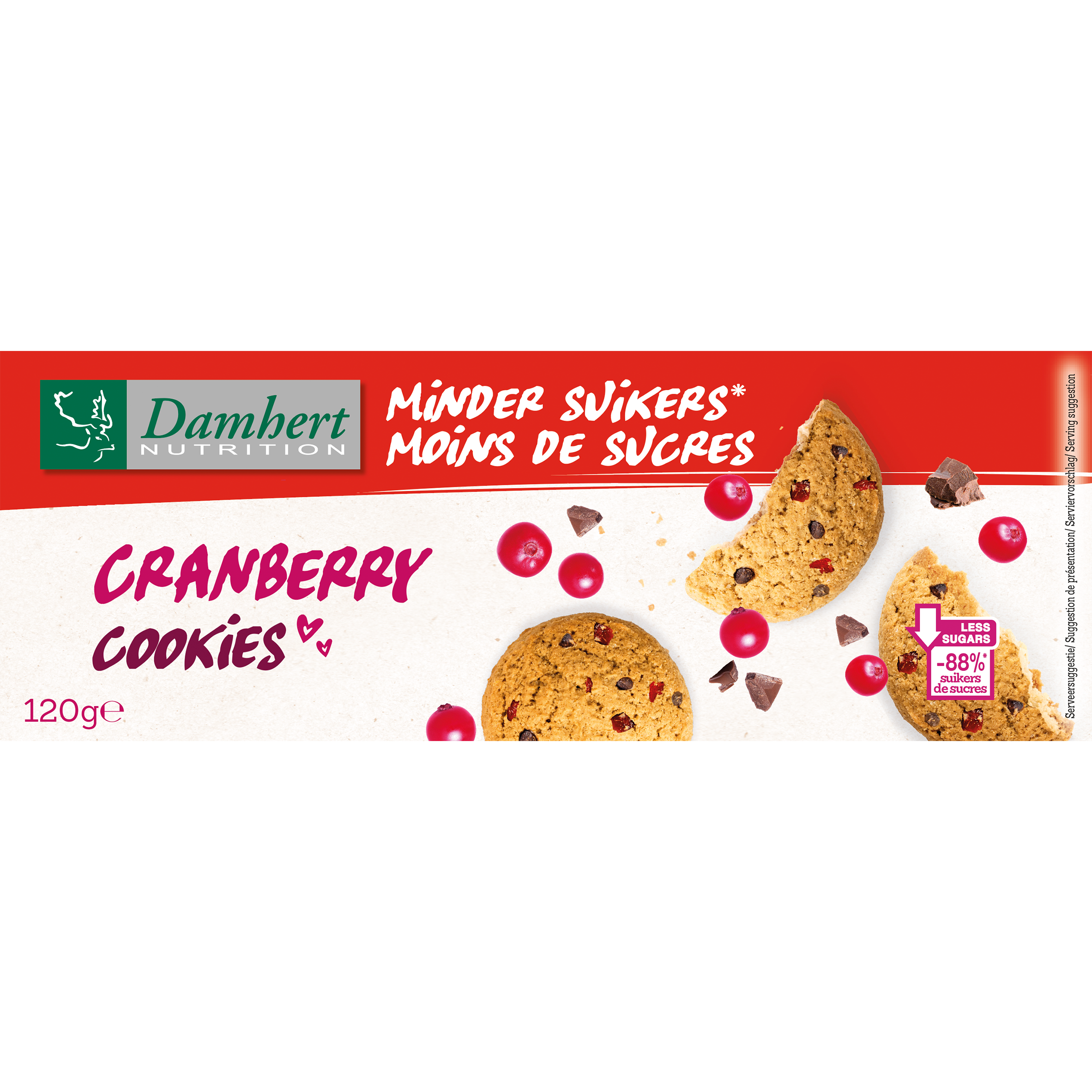 Damhert cranberry cookies minder suiker, 120g, showing golden brown cookies with visible cranberries on a white background.