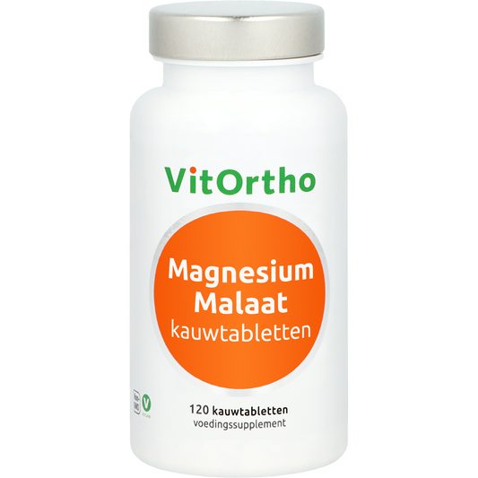 VitOrtho Magnesium Malate chewable tablets, mineral supplement with 120 Kauwtabletten, showing tablets and packaging.