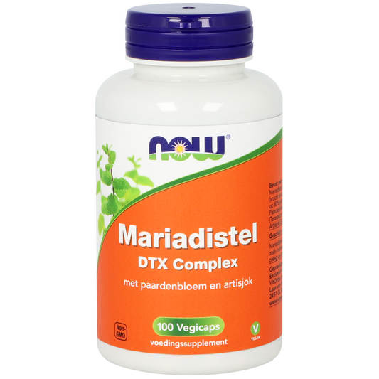 NOW Mariadistel DTX Complex vegetarian capsules, herbal supplement with plant-based ingredients for liver support.