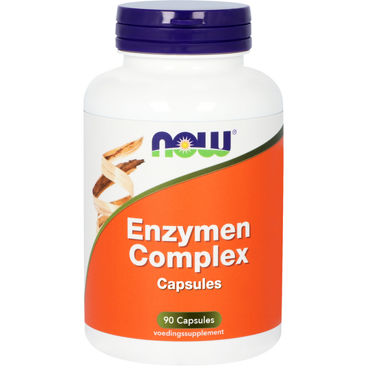 NOW Enzymen complex capsules, dietary fiber and enzyme supplement, with 90 capsules for digestive support.