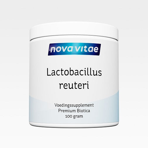 Nova Vitae Lactobacillus reuteri micro-organisms in a 100g container, showing probiotic supplement packaging and label.