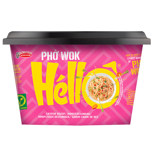Hello Pho instant pho wok pasta with gluten-free beef flavor, 76 grams, in a colorful packaged box.