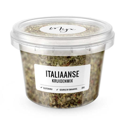 Myx Italiaanse kruidenmix glutenvrij in 20g packet, herbal seasoning with herbs, salts, and meal mix ingredients.
