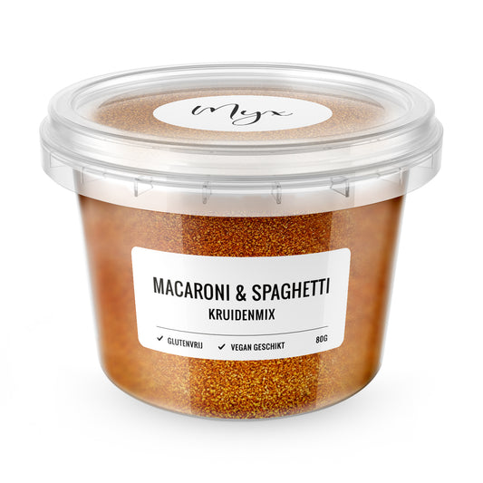 Myx Kruidenmix for macaroni spaghetti, gluten-free seasoning blend in 80g package, ideal for flavorful pasta dishes.