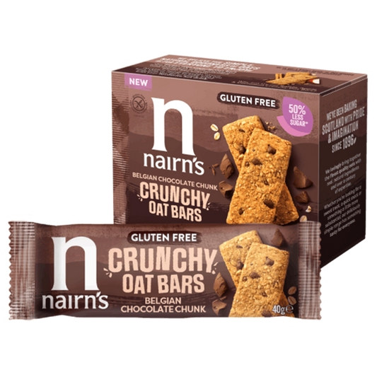 Nairns crunchy oat bars with Belgian chocolate, gluten-free, 160g, showing the chocolate-coated oat snack in a close-up image.
