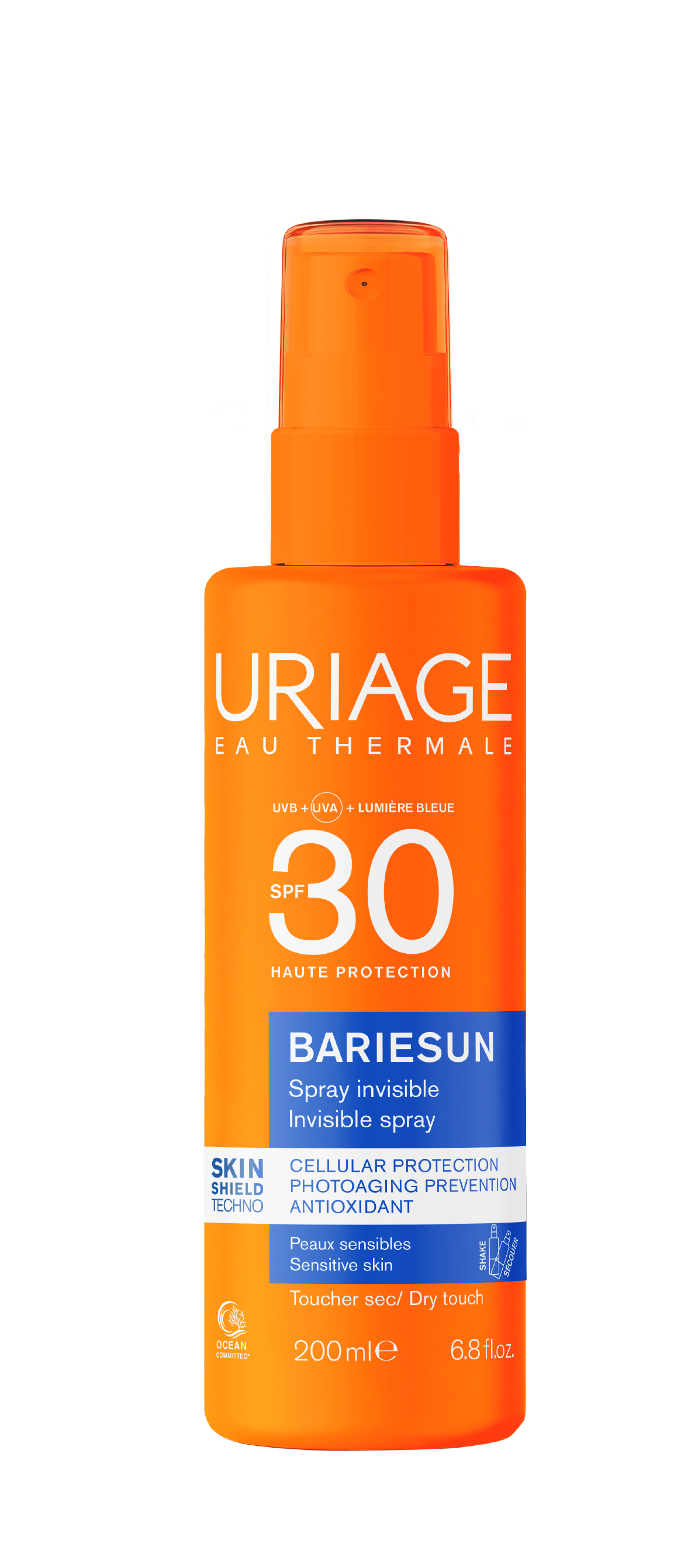 Uriage Bariesun SPF30 spray for sun protection, 200ml, showing the white spray bottle with blue and orange accents.