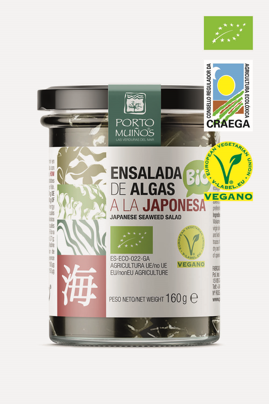 Porto-Muinos Japanese organic seaweed salad in a 160g package, featuring vibrant, fresh seaweed on a clean background.