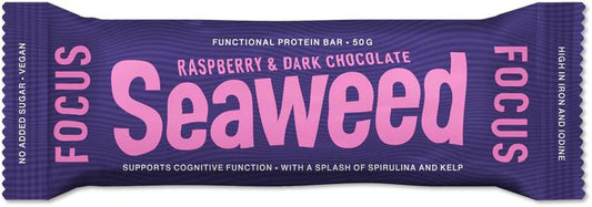 Seaweed & Friends raspberry flavored seaweed protein bar for sports nutrition, 50 grams, with a focus on natural ingredients.