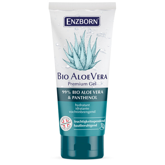 ENZBORN Bio Aloe Vera Premium Gel in 100ml, soothing body care product with fresh aloe vera leaves and gel texture.