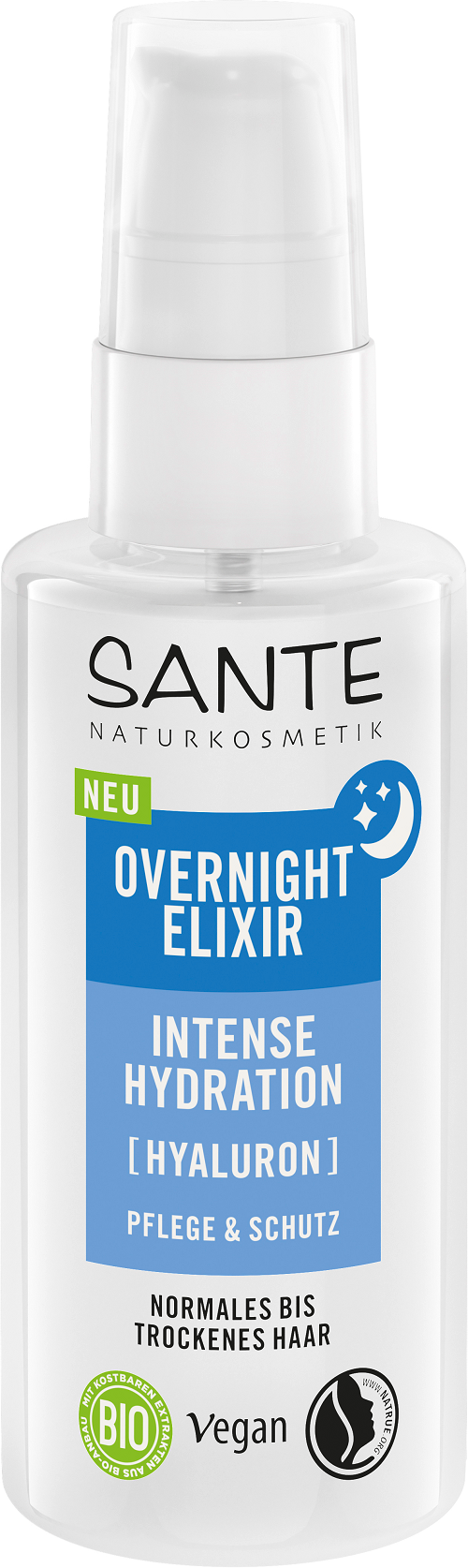 Sante Intense Hydration Elixir overnight facial care bottle, 75ml, with a sleek design and clear labeling for deep skin moisture.