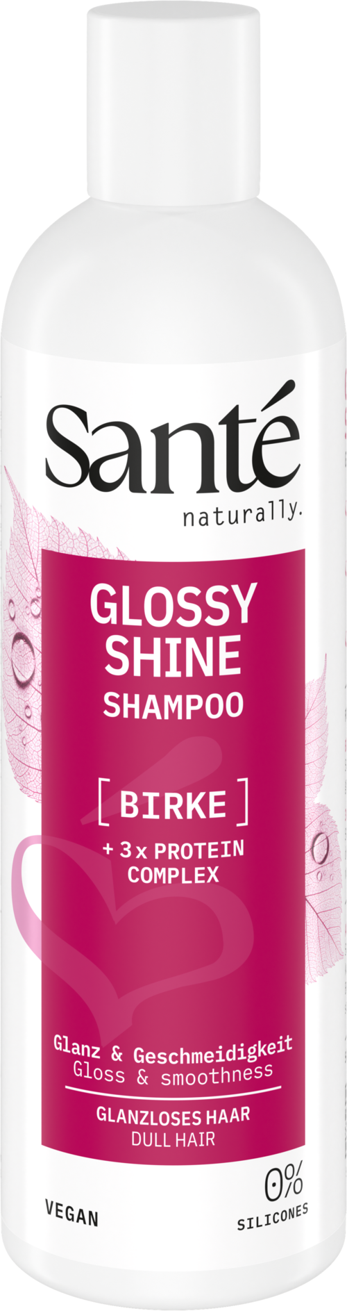 Sante Glossy Shine Shampoo birch bottle, 250ml, for hair care with a sleek design and natural ingredients.