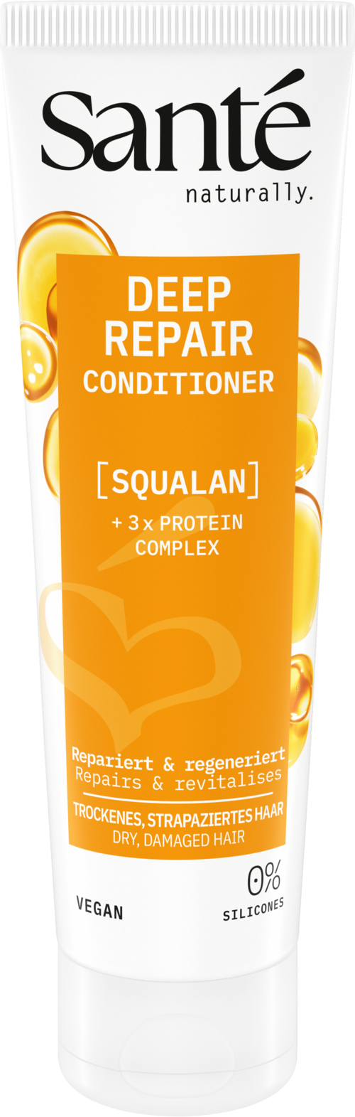 Sante Deep Repair Conditioner with Squalan, 150ml, for nourishing hair, shown in a white tube with blue accents.